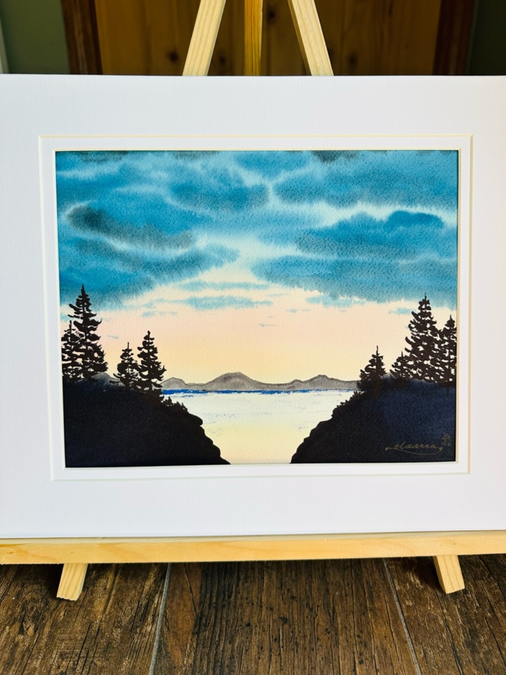 Hand-Made New Watercolor Art Hills and Sunset